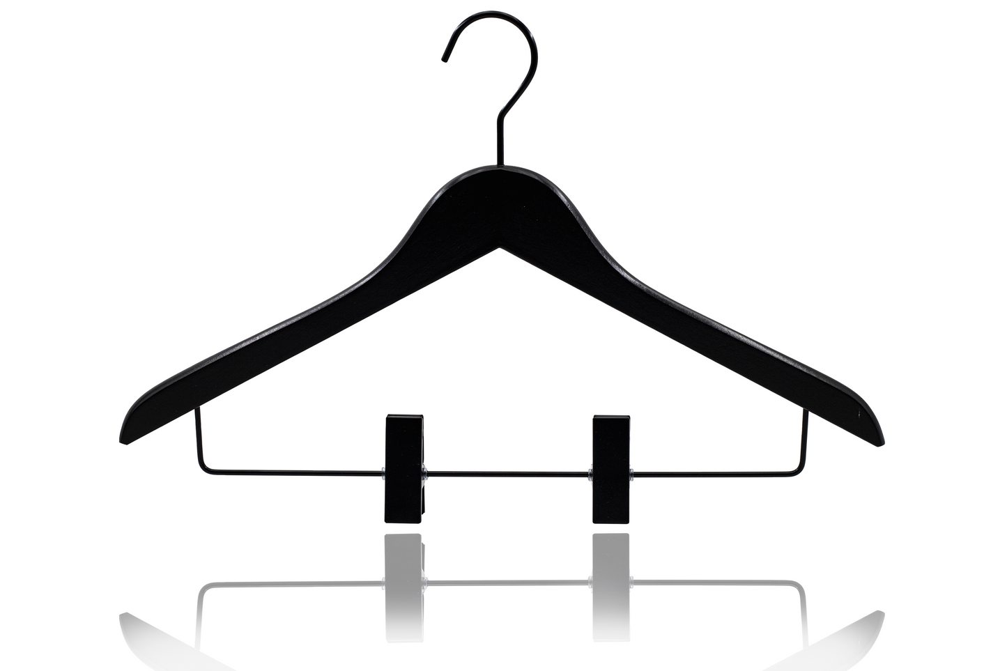 Wieszak AMBRA z formowanego drewna bukowego, z metalową poprzeczką i czarnymi klipsami